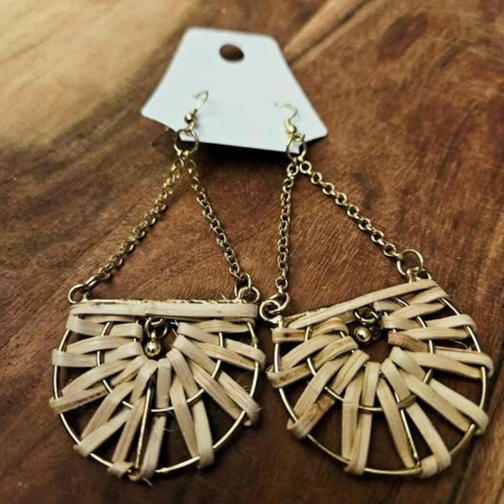 Woven Raffia Rattan Fan Dangle Earrings Gold Tone 4" Boho Statement Jewelry